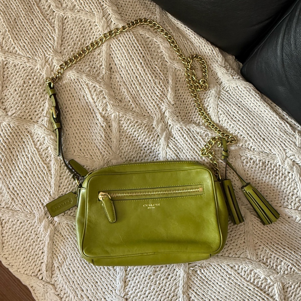 Coach Lime Green Leather Crossbody Bag with Gold Chain